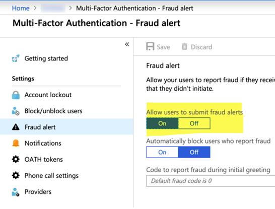 Azure MFA Fraud Alert settings interface