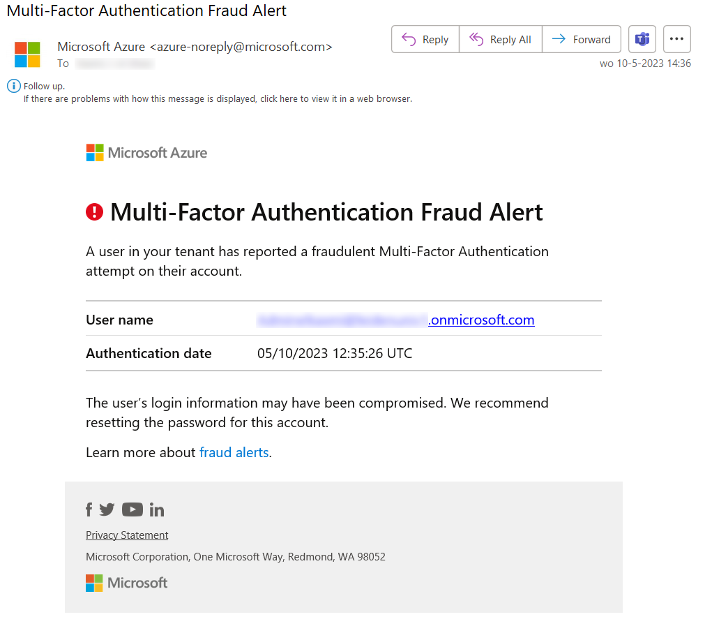 Sample email notification of an Azure MFA Fraud Alert